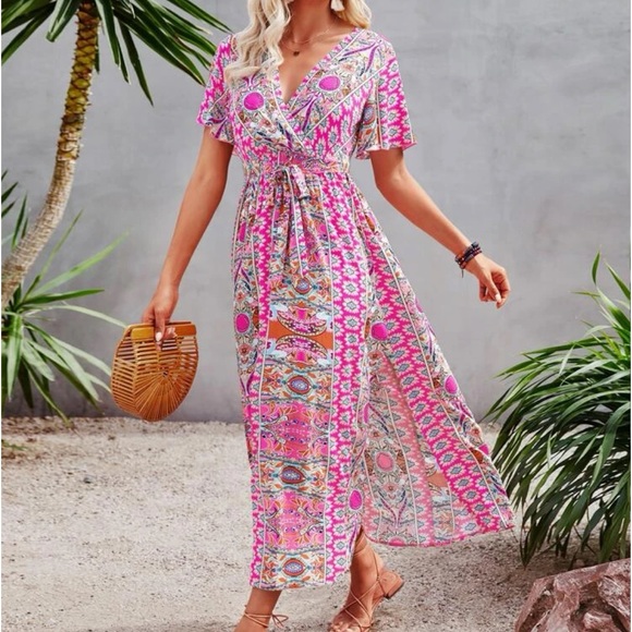 Boho Floral Paisley Print Side Silt Cottagecore Dress Navy Blue - Picture 8 of 12